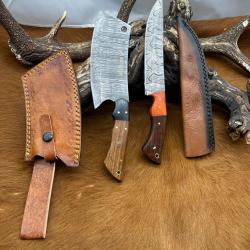 Set m&eacute;di&eacute;val: Couperet + Couteau lames en acier Damas 256 couches NCPR4