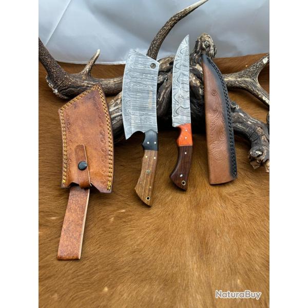 Set m�di�val: Couperet + Couteau lames en acier Damas 256 couches NCPR4