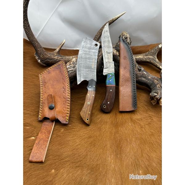 Set m�di�val: Couperet + Couteau lames en acier Damas 256 couches NCPR5