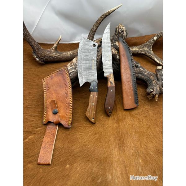 Set m�di�val: Couperet + Couteau lames en acier Damas 256 couches NCPR6