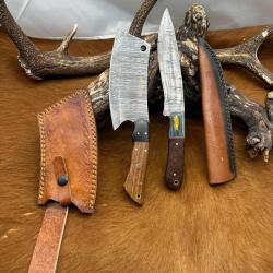 Set m&eacute;di&eacute;val: Couperet + Couteau lames en acier Damas 256 couches NCPR7