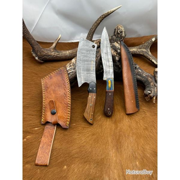 Set m�di�val: Couperet + Couteau lames en acier Damas 256 couches NCPR7