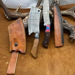 Set m&eacute;di&eacute;val: Couperet + Couteau lames en acier Damas 256 couches NCPR8