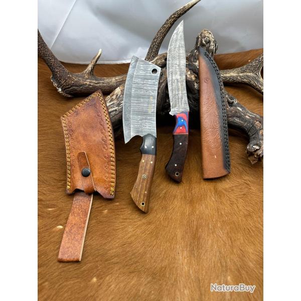 Set m�di�val: Couperet + Couteau lames en acier Damas 256 couches NCPR8