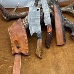 Set m&eacute;di&eacute;val: Couperet + Couteau lames en acier Damas 256 couches NCPR9