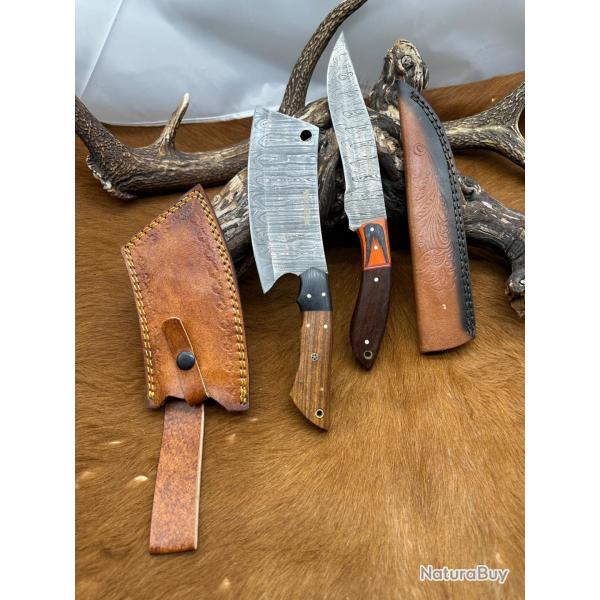 Set m�di�val: Couperet + Couteau lames en acier Damas 256 couches NCPR9