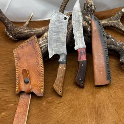 Set m&eacute;di&eacute;val: Couperet + Couteau lames en acier Damas 256 couches NCPR10