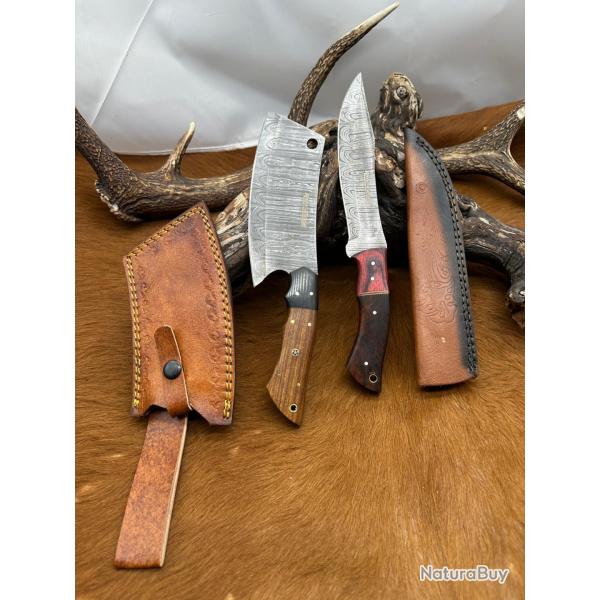 Set m�di�val: Couperet + Couteau lames en acier Damas 256 couches NCPR10