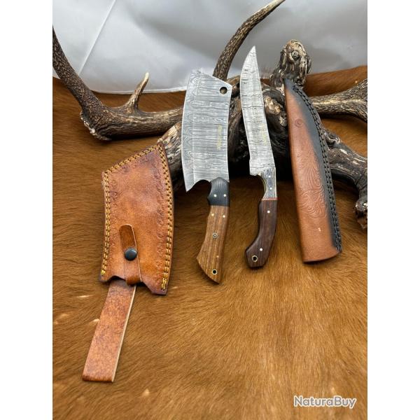 Set m�di�val: Couperet + Couteau lames en acier Damas 256 couches NCPR11