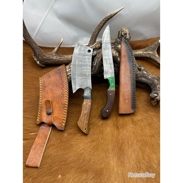 Set m�di�val: Couperet + Couteau lames en acier Damas 256 couches NCPR12