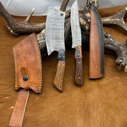 Set m&eacute;di&eacute;val: Couperet + Couteau lames en acier Damas 256 couches NCPR13