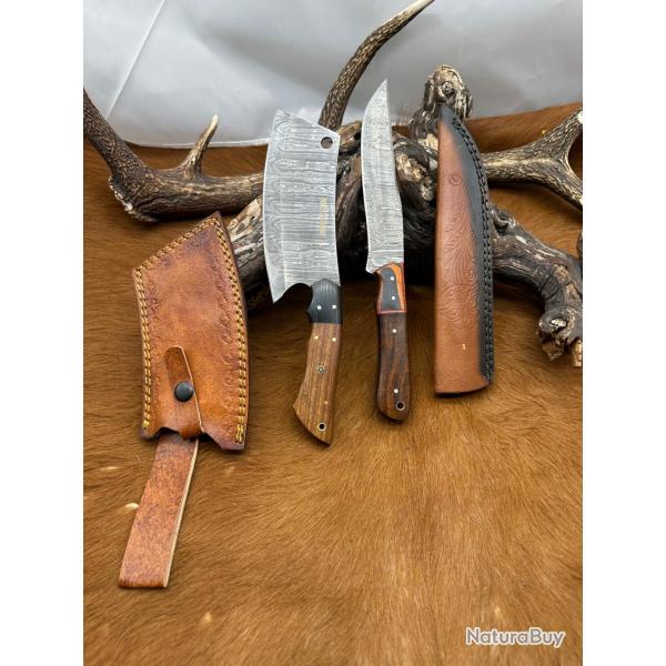 Set m�di�val: Couperet + Couteau lames en acier Damas 256 couches NCPR13