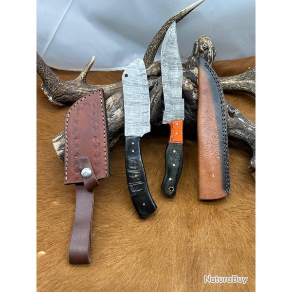 Set m�di�val: Couperet + Couteau lames en acier Damas 256 couches N.COP2