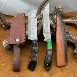 Set m&eacute;di&eacute;val: Couperet + Couteau lames en acier Damas 256 couches N.COP4