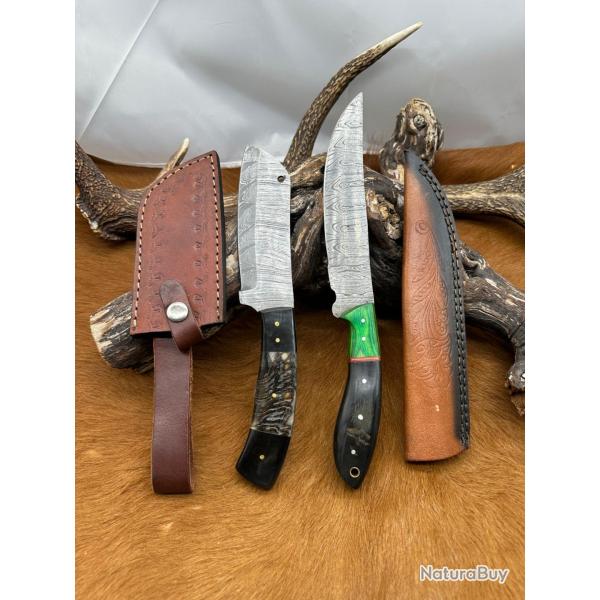 Set m�di�val: Couperet + Couteau lames en acier Damas 256 couches N.COP4