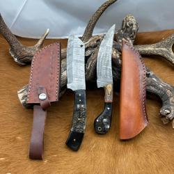 Set m&eacute;di&eacute;val: Couperet + Couteau lames en acier Damas 256 couches N.COP7