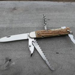 Rarissime Couteau de chasse Bargeon inox en 6 pi&egrave;ces. Manche bois de cerf. Pompe arri&egrave;re.
