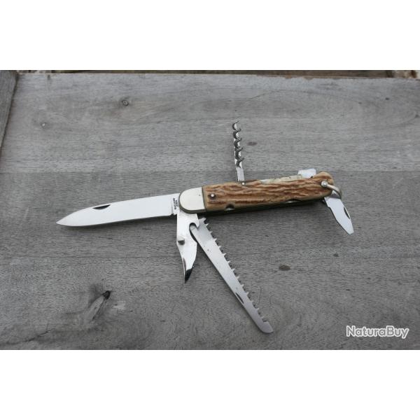 Rarissime Couteau de chasse Bargeon inox en 6 pi�ces. Manche bois de cerf. Pompe arri�re.