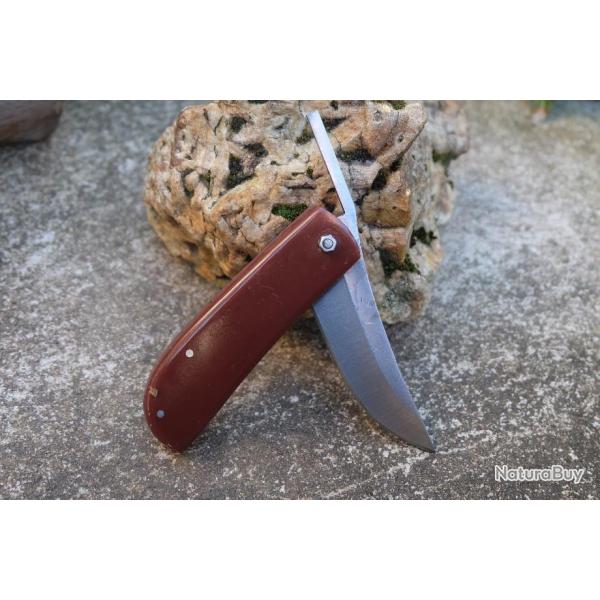 Couteau Pi�montais Manche R�sine Brown Lame Acier Carbone 1055 Trailing Point Fabric Artisanale