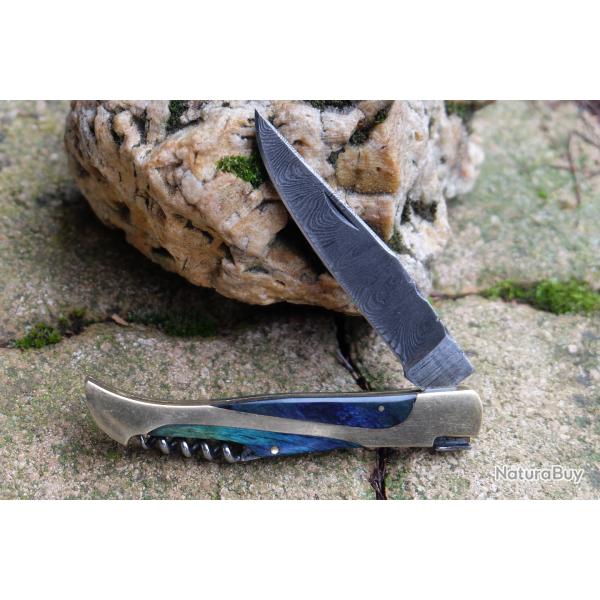 Couteau Damas Lame 128 Couches Fa�on Laguiole Abeille Manche Emeraude/Laiton Tire Bouchons F Artisan