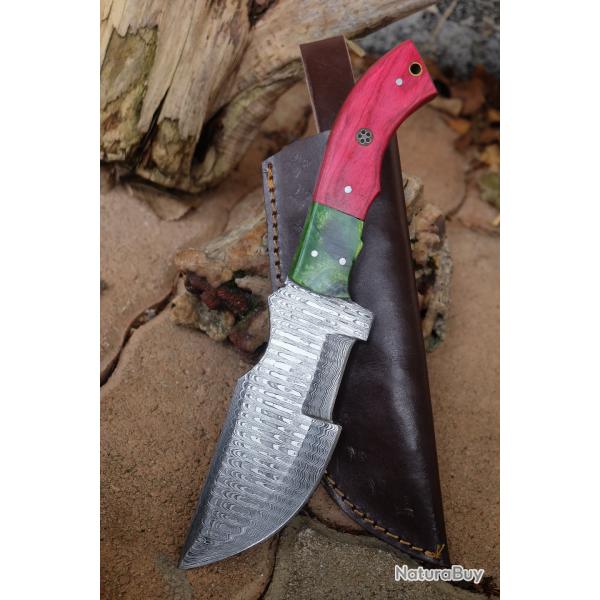 Couteau de Chasse Trakker Damas Grosse Lame 256 Couches Manche 2 Bois Fabric Artisan Etui Cuir