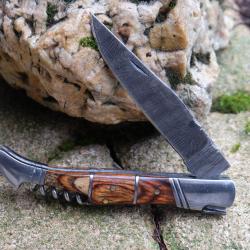 Couteau Damas Lame 128 Couches Fa&ccedil;on Laguiole Abeille Manche 3 Bois Tire Bouchons Fabr Artisanale03