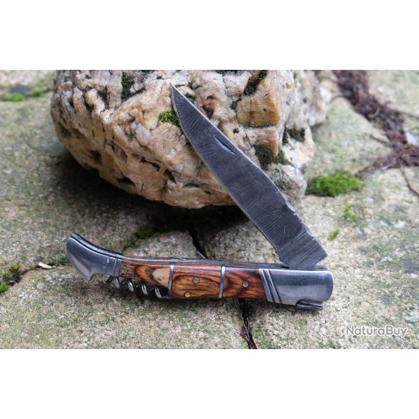 Couteau Damas Lame 128 Couches Fa�on Laguiole Abeille Manche 3 Bois Tire Bouchons Fabr Artisanale03