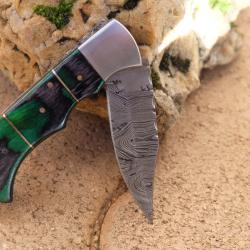 Couteau Lame Damas 128 Couches Manche Bois Camal&eacute;on Fa&ccedil;on Buck 112 Lockback Fabr Artisanale