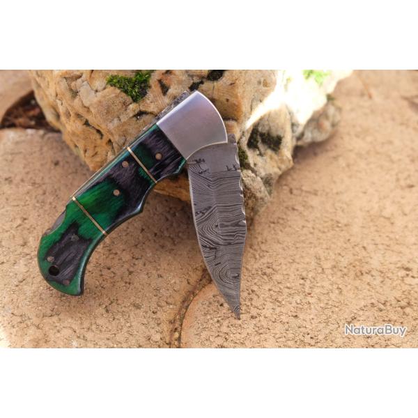 Couteau Lame Damas 128 Couches Manche Bois Camal�on Fa�on Buck 112 Lockback Fabr Artisanale