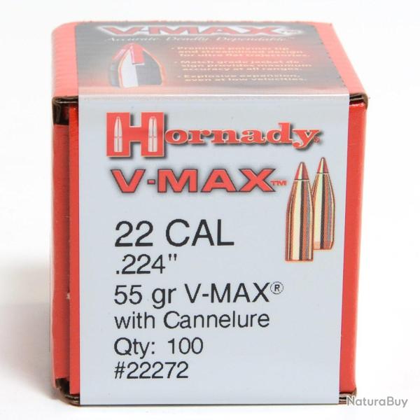 OGIVES HORNADY Cal. 22 .224 55grs V-MAX avec cannelure - Boite de 100 unit�s