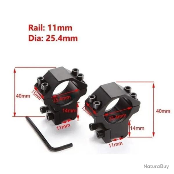 Colliers/Anneaux Montage 11mm Rail Weaver/Picatinny Haut 14mm Diam�tre 25.4mm Lunette de Vis�e