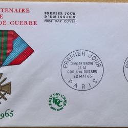 Enveloppe premier jour d'&eacute;mission du cinquantenaire de la croix de guerre 1915-1965, 22 Mai 1965