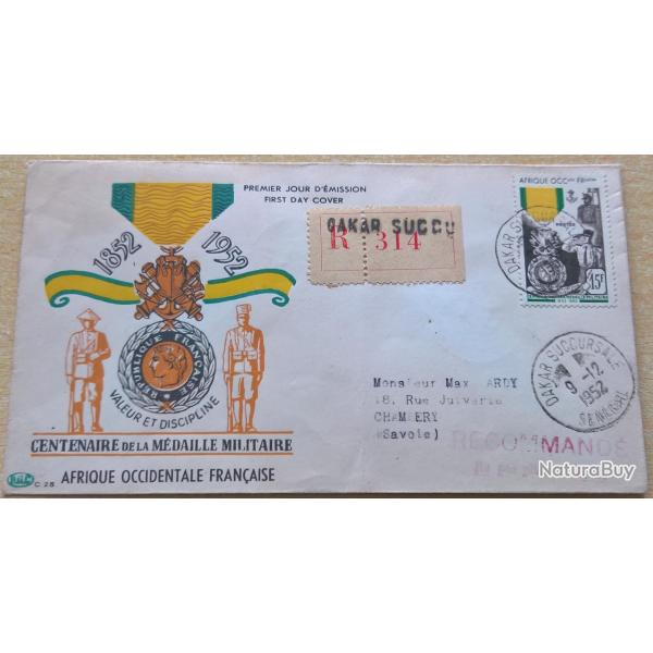 Enveloppe premier jour d'�mission du centenaire de la m�daille militaire Afrique Occidentale Fran�ai