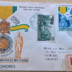 Enveloppe premier jour d'&eacute;mission du centenaire de la m&eacute;daille militaire Iles Comores 4 D&eacute;cembre 195