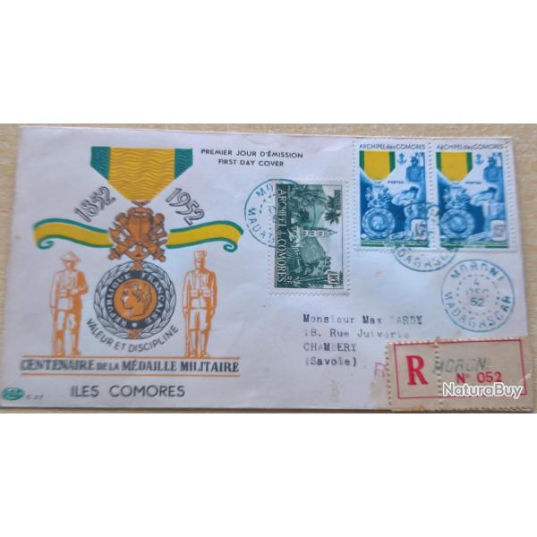 Enveloppe premier jour d'�mission du centenaire de la m�daille militaire Iles Comores 4 D�cembre 195