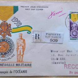 Enveloppe premier jour d'&eacute;mission du centenaire de la m&eacute;daille militaire Tahiti 17 D&eacute;cembre 1952