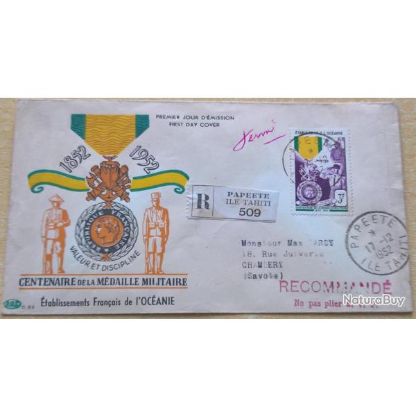 Enveloppe premier jour d'�mission du centenaire de la m�daille militaire Tahiti 17 D�cembre 1952