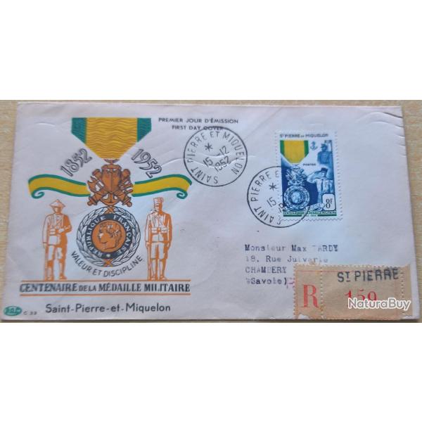 Enveloppe premier jour d'�mission du centenaire de la m�daille militaire St Pierre et Miquelon 15 D�