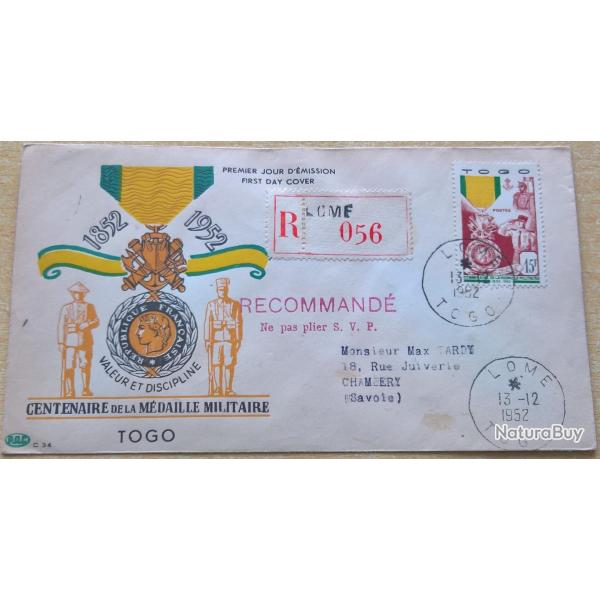 Enveloppe premier jour d'�mission du centenaire de la m�daille militaire Togo 13 D�cembre 1952