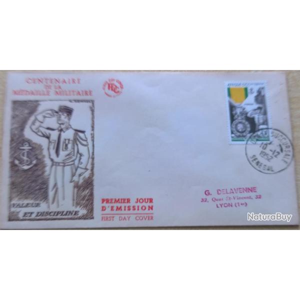 Enveloppe premier jour d'�mission du centenaire de la m�daille militaire S�n�gal 10 D�cembre 1952