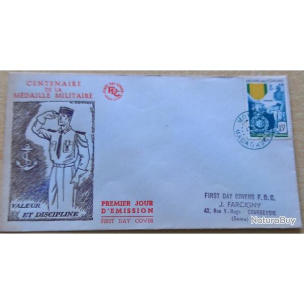 Enveloppe premier jour d'�mission du centenaire de la m�daille militaire Madagascar 1952
