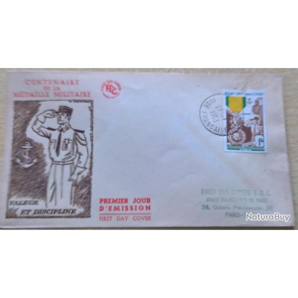 Enveloppe du premier jour d'�mission du centenaire de la m�daille militaire Inde Fran�aise 12 Janvie