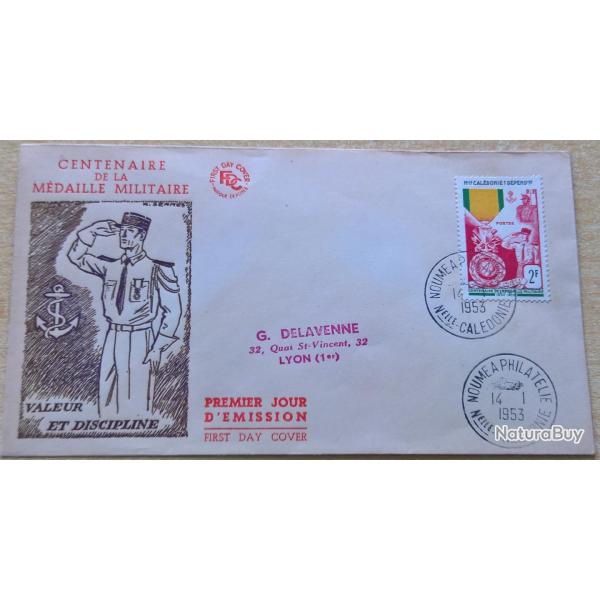 Enveloppe premier jour d'�mission du centenaire de la m�daille militaire Nouvelle Cal�donie 14 Janvi