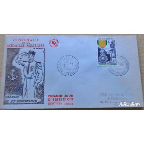 Enveloppe premier jour d'�mission du centenaire de la m�daille militaire Djibouti 2 D�cembre 1952