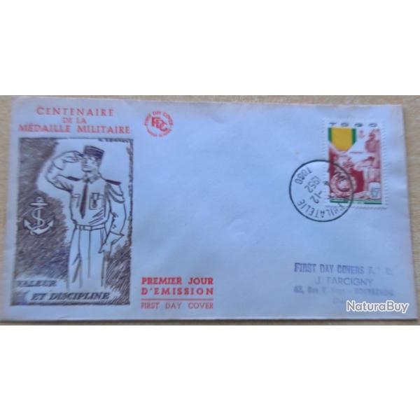Enveloppe premier jour d'�mission du centenaire de la m�daille militaire Togo 4 D�cembre 1952