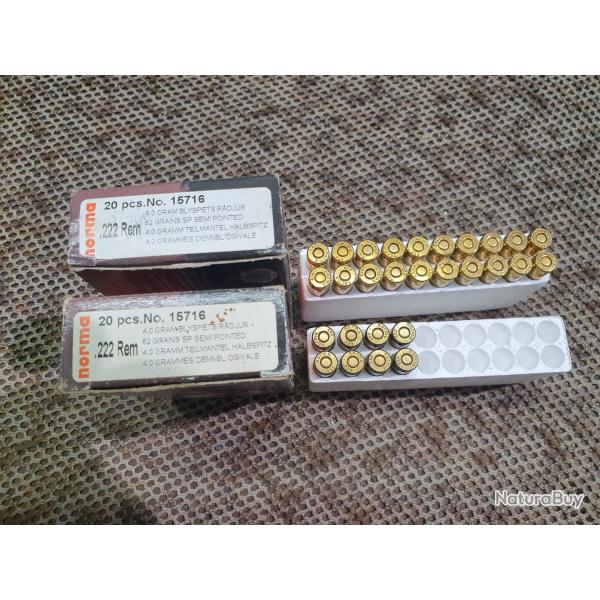28 cartouches NORMA de 222 REMINGTON � balle DEMI BLINDE de 62 grs / 4,0 grammes