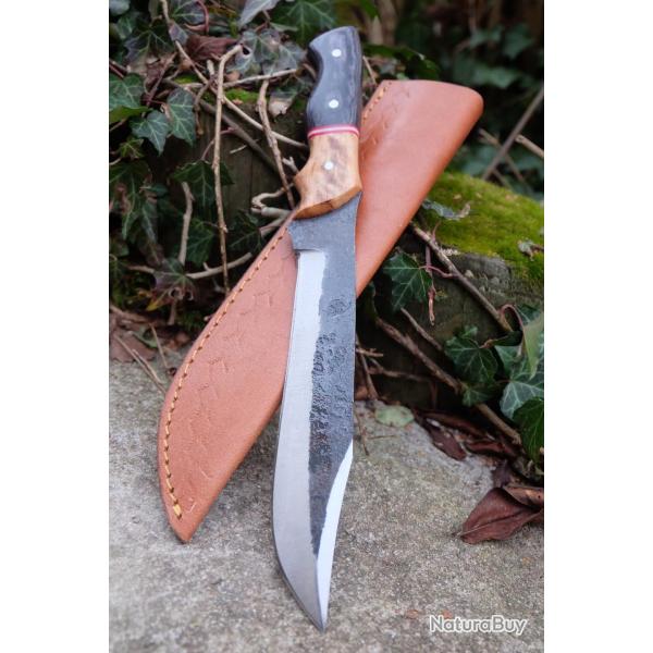 BIG Couteau Buscharft Survie Bowie Lame Clip Point Carbone 1075 Etui Cuir Manche Bois Fab Artisan 01