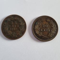 Lot 2 X 20 Reis 1884 et 1892 , XX Reis , Rei de Portugal Carlos Ier , Charles Ier , Luiz Ier , Louis
