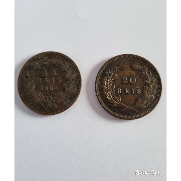 Lot 2 X 20 Reis 1884 et 1892 , XX Reis , Rei de Portugal Carlos Ier , Charles Ier , Luiz Ier , Louis