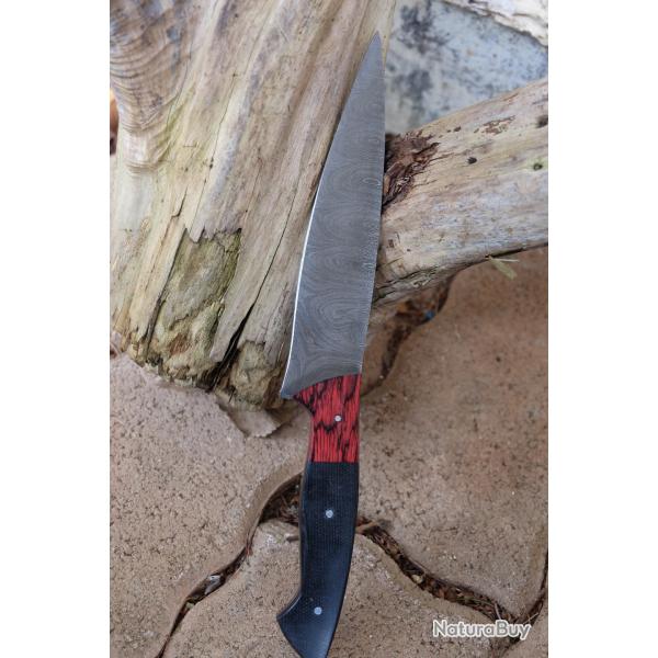 Couteau De Cuisine D'Office Lame Acier Damas 256 Couches Manche 2 Bois Fabric Artisanale